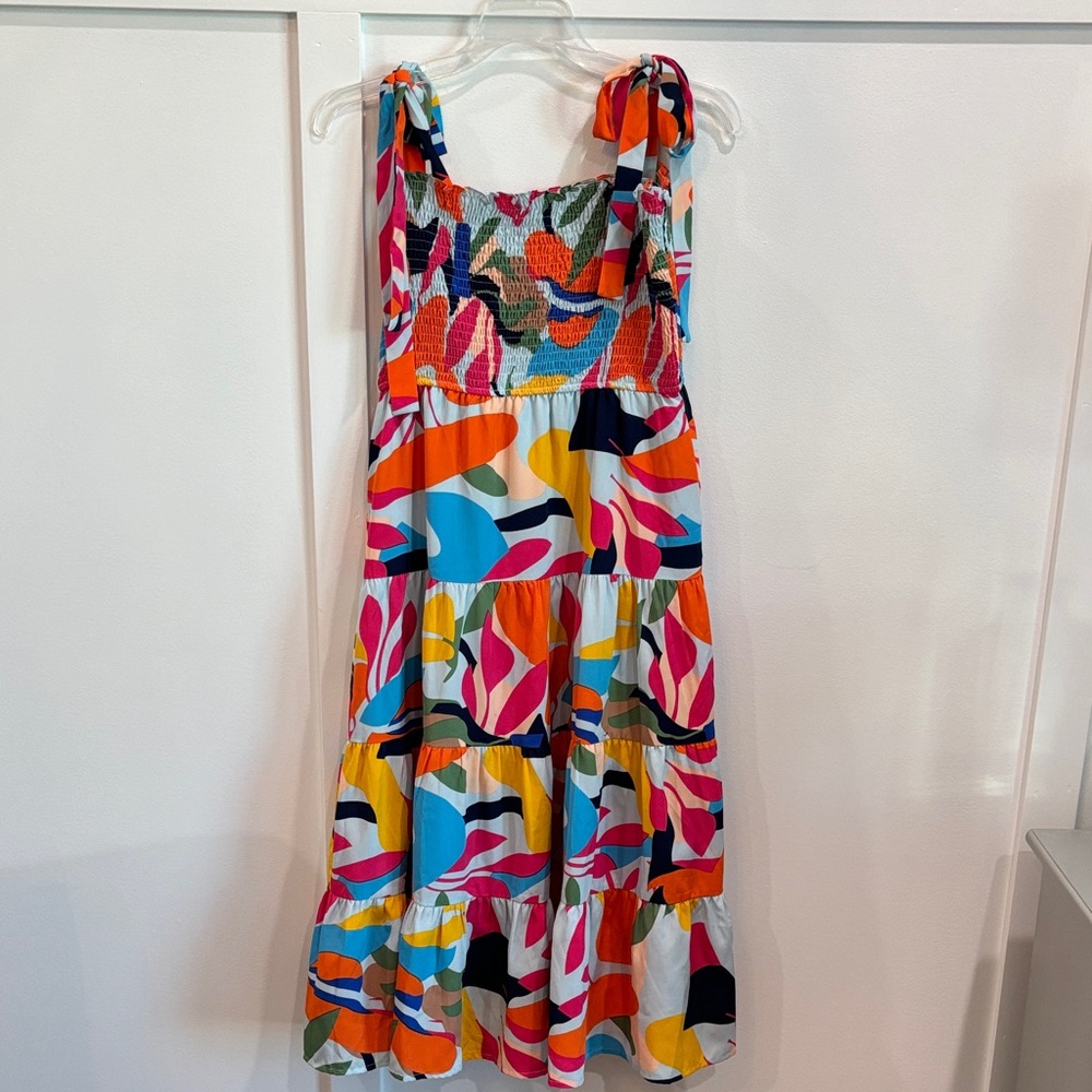 THML Multicolor Abstract Tiered Midi Dress with Tie Shoulders